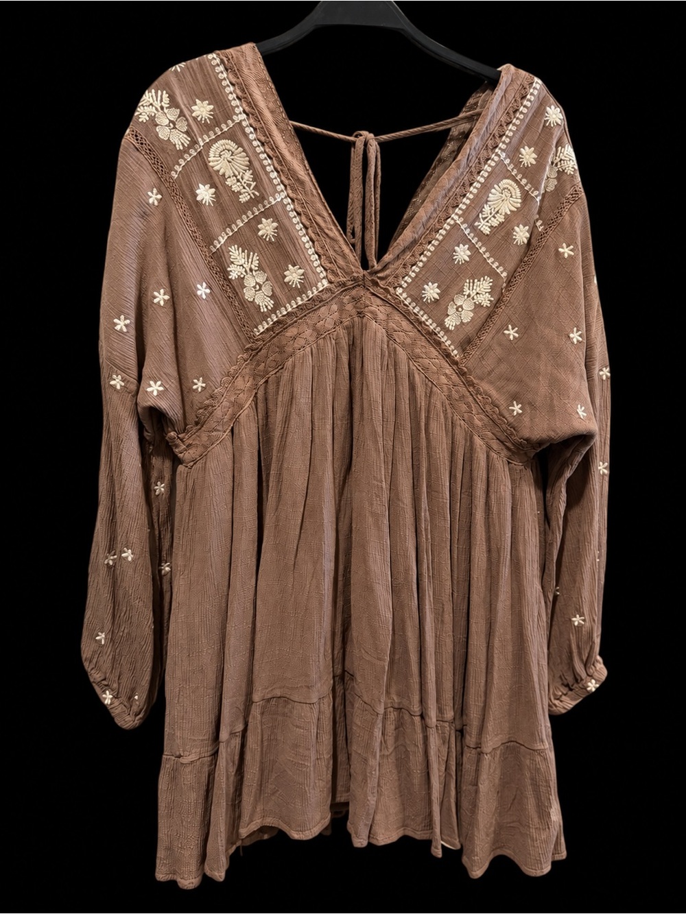 Boho Embroidered V-Neck Peasant Top - Brown